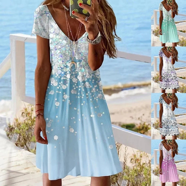 Short Sleeve Women's Casual Loose V-Neck Summer Dress Plus Size Fashion Print Party Dress